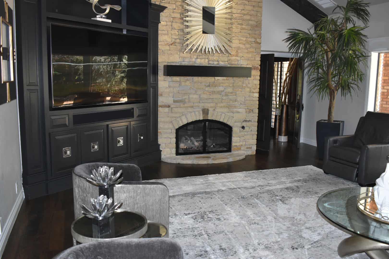 Fireplace doors in a finished living room