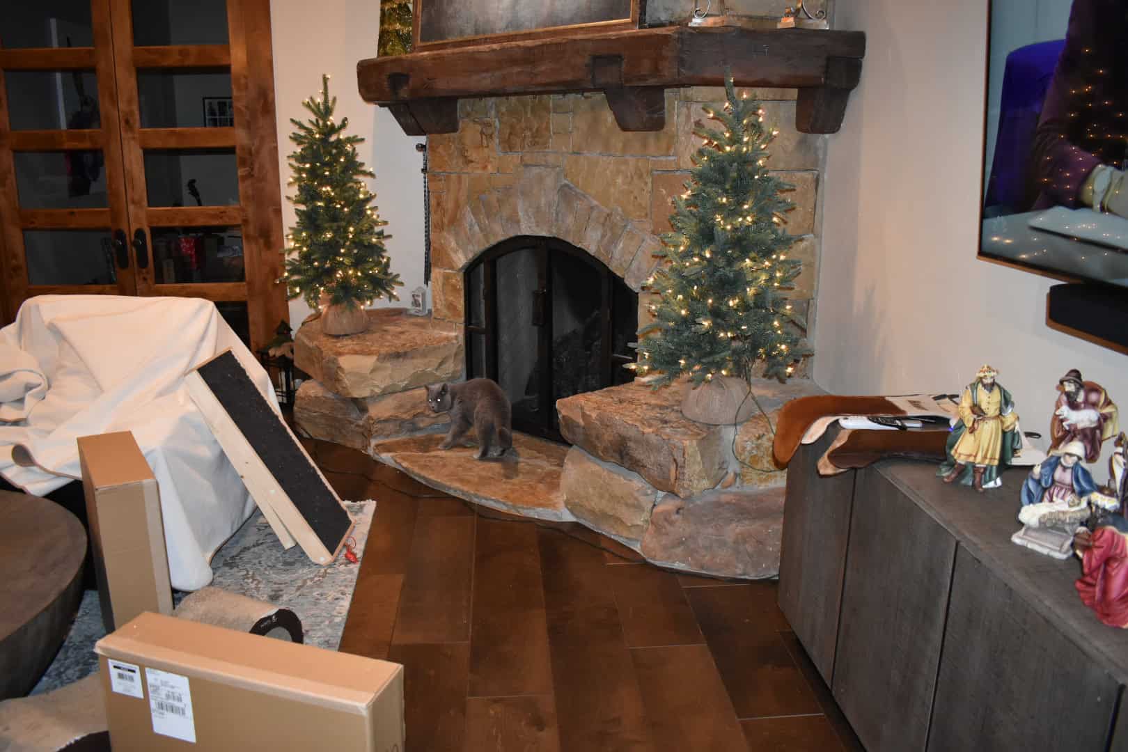 Black fireplace doors installed in a stone fireplace