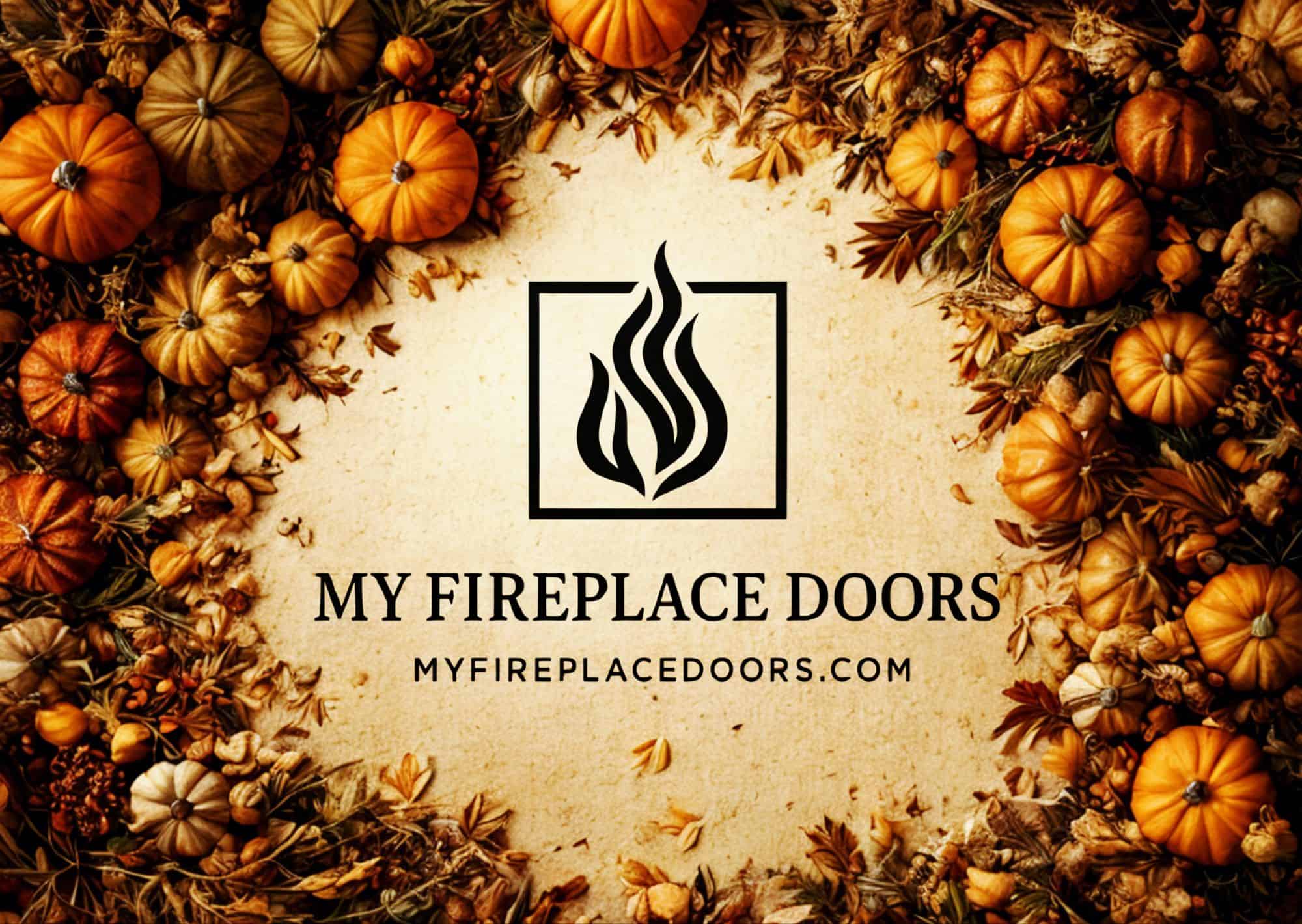 My Fireplace Doors mark framed by autumn pumpkins