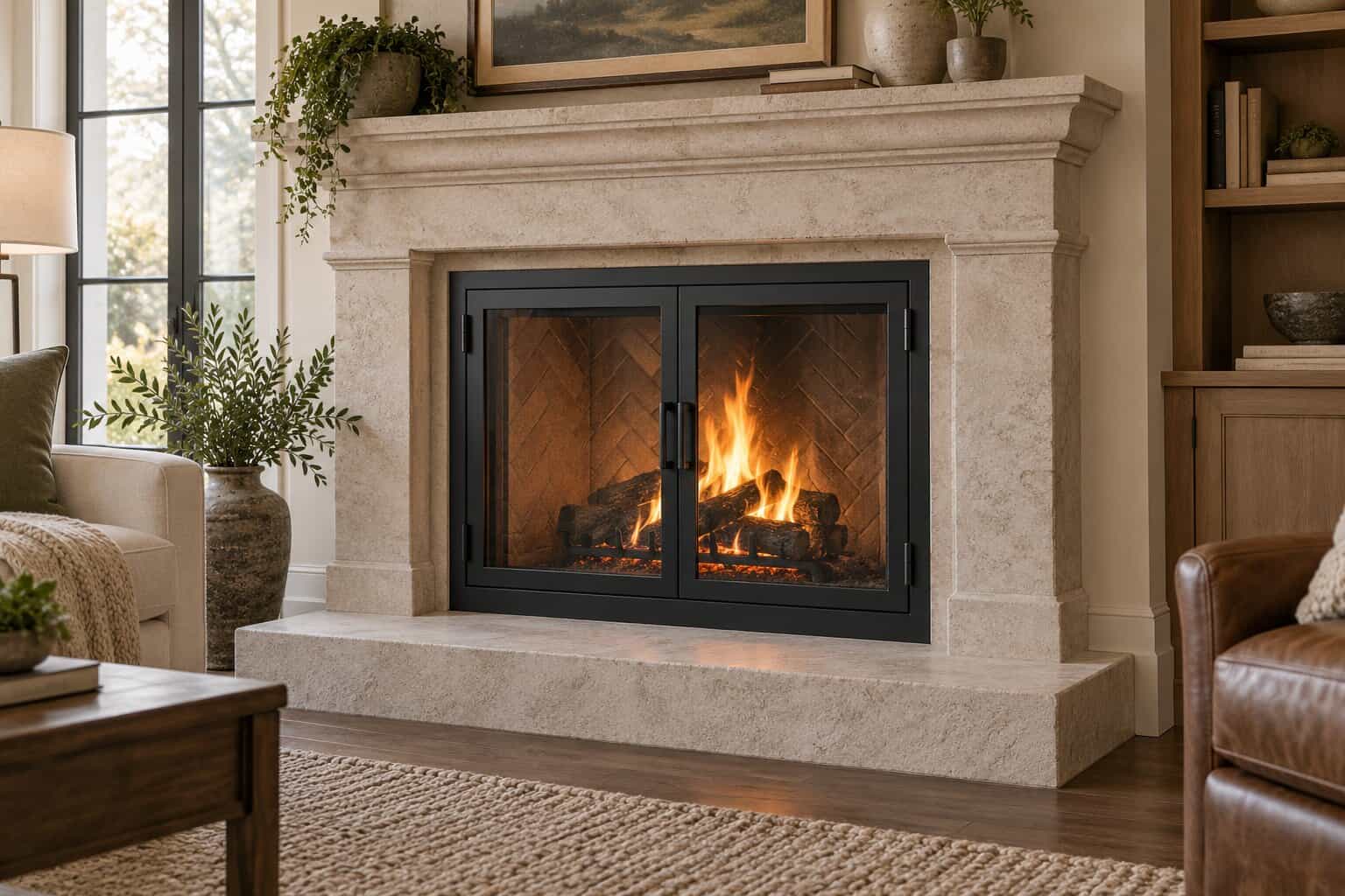 Black metal and glass fireplace doors fitted to a pale stone fireplace in an elegant living room