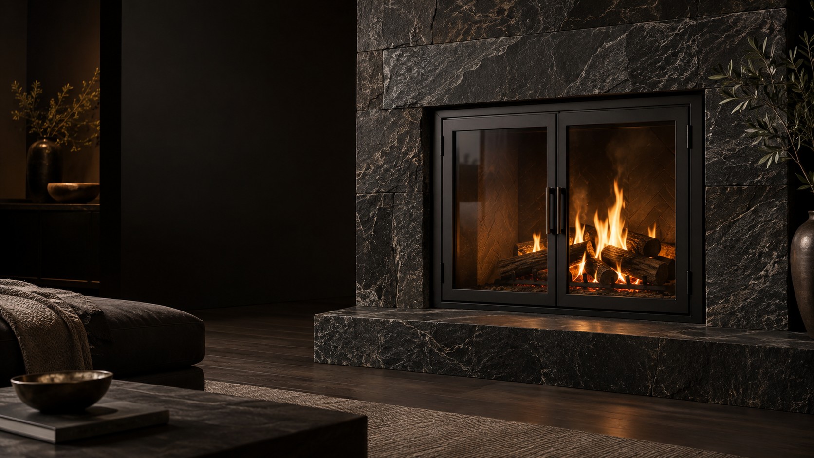 Design inspiration: black iron fireplace doors set in dark natural stone
